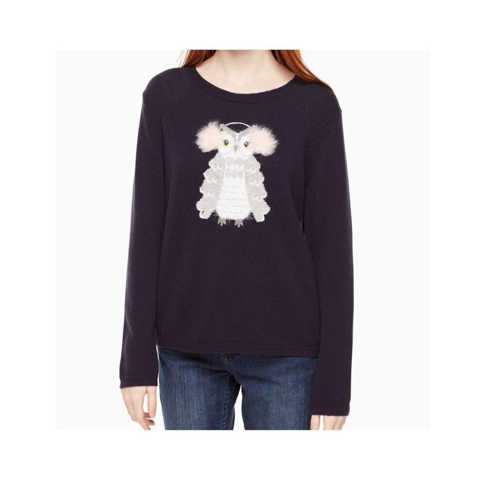Kate Spade Women Owl Sweater Size L Preppy Polyamide Wool Crew Neck Long Sleeve